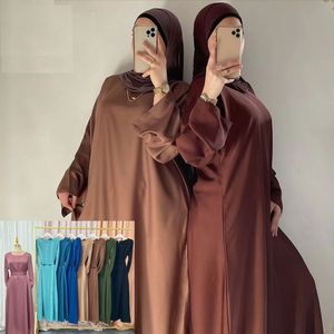 Этническая одежда атласная атласная абая Дубай Турция Кафтана Женщины Мусульманские Макси платье скромное абаяс исламская одежда арабская одежда