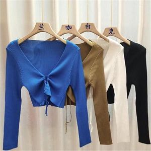 Women's Knits 2023 Fashion Skinny Hollow Out Teenages Tops Cropped V-neck Knitwear Women Sweet Sexy Streetwear Spring Long Sleeve Pullovers