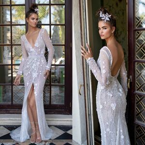 Glamorous Denizkızı Gelinlikler V Yastık Uzun Kollu Çizgi Sapakları 3D Çiçek Başvurusu Stripe Court Elbisesi Özel Made Plus Boyut Gelin Gown Vestidos de Novia