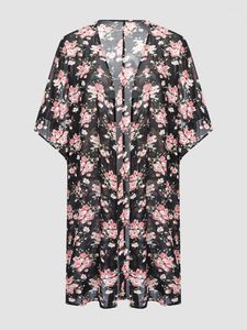 Ytterkläder Finjani Floral Print Batwing Sleeve Chiffon Kimono Short Cardigan Summer Beach Plus Size Women's Clothing