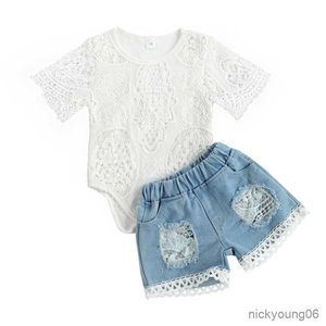 Kläder sätter 0-24m sommar nyfödda spädbarn baby flickor kläder set vit kort ärm romper denim shorts flicka kläder