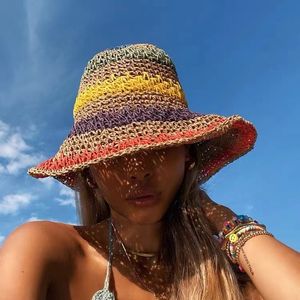 Wide Brim Hats Bucket Hats Beach Hat Woman Sun Straw Handmade Rainbow Striped Crochet Beach BOHO Bucket Hat Beach Hat Crochet Hat 230529