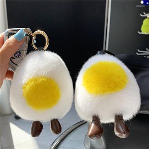 Keychains Plush Egg Doll Rex Real Fur Ball Keychain Cute Toy Genuine Ornaments Women Handbag Pendant Car Key Metal Rings Trinkets