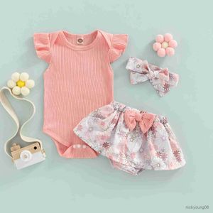 Kleidungssets Baby-Mädchen-Sommer-Outfit, einfarbiger Strampler mit fliegenden Ärmeln und Shorts mit Blumen-/Leopardenmuster und Stirnband