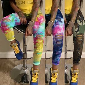 Kvinnors jeans 2020 Ny ankomst Kvinnors rippade tie Dye Jeans Hög midja denim Pencil Pants Fashion Street Trendiga byxor S-3XL Drop Shipping T230530