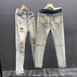 Herr jeans hål rippade smala fit mager hip hop mode streetwear lapptäcke jeans elasticitet gotiska byxor män pantalon 230529