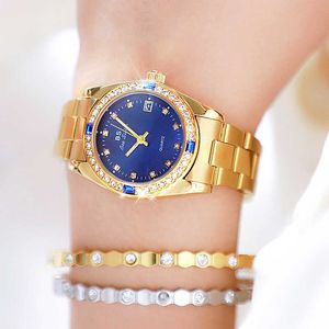 BS Fashion Luxury Gold Blue Quartz Diamond Antainsive Steel Watch 2022 G230529