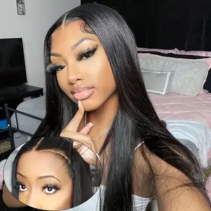 HD Lace Frontal Brable Hush Hair 4x4 شعر مستعار للشعر البشري المستقيم للنساء مع شعر عذراء عذراء أسود شحن مجاني