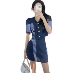 Blusa feminina azul marinho com decote em bico manga curta e minissaia evasê 2 peças conjunto elegante twinset SMLXL