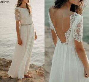 Vintage elfenben spetsar boho strand bröllopsklänningar med korta ärmar en linje juvelhalsrockar de mariee eleganta kvinnor reeption party brudklänningar sexig backless cl0494