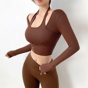 Women's T-Shirt Sexy Hanging Neck Long Sleeve Gym Sport Shirt Crop Top Workout Tops Fitness T-shirt J2305