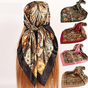 Scarves 90x90cm Luxury Twill Silk Large Scarf Women Headscarf Fashion RetroPattern Satin Square Scarve Ladys Design Handkerchief