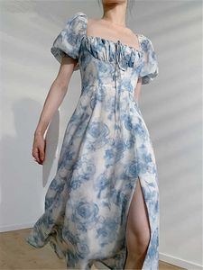 Midi Dress Elegant Square Collar Lace-up Women Floral Summer Puff Sleeve Slim Waist Female Split A-line Dresses Female Clothes