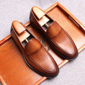 Мужские лоферы головы подлинная кожаная черная коричневая деловая одежда для мужчин качественная скольжение ручной работы на мужской оксфордской обуви