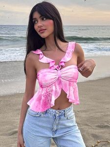 Magliette da donna Summer Sexy Print Beach Tees Magliette da donna Top senza maniche Fashion Ruffles Backless con scollo a V Carino Streetwear Slim