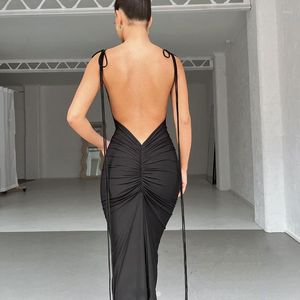 Casual Dresses Swing Collar Backless Sleeveless Drawstrings Hollow Out Slit Sexy Maxi Prom Dress 2023 Summer Women Party Y2K Robe