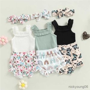 Kläder sätter nyfödda flickor Kläddräkt Set ärmlös Romper och Flower/Rainbow/Butterfly Print Shorts Pannband