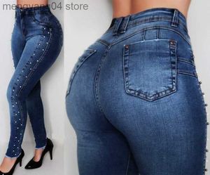 Women's Jeans 2022 Hot Sale High Waist Beaded Hip Lift Jeans For Women Fashion High Stretch Denim Pencil Pants Street Hipster Trousers S-2XL T230530