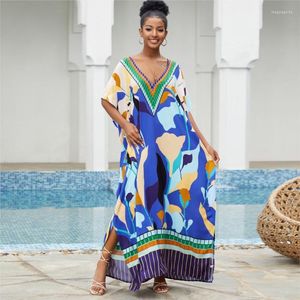 Ethnic Clothing Elegant Sexy Women's Maxi Dress Oversized Loose Robe 2023 African Blue Printed Short Sleeve V Neck Party Vestido