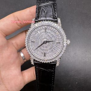 Herrverksamhet Iced Diamond Watch Baguette Stones Titta på silver rostfritt stål svart läderband armbandsur 9015 automatisk rörelse