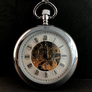 懐中時計銀滑らかなローマ数字時計ファッションヴィンテージメカタニカルハンド巻きメンズポケットフォブハーフ