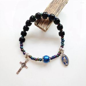 Strand Cottvomiraculous Medal Inri Crucifix Cross Charms Vintage Black Blue Imitation Agate Pearl Bead Chain Rosary Armband smycken