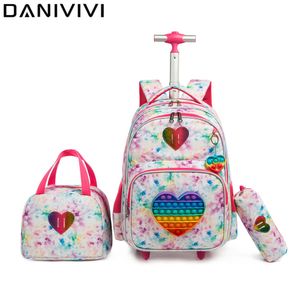 Mochilas 3 em 1 sacos escolares para meninas com rodas carrinho de mochila lanchonete de mochila rolando com rodas 230529