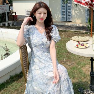 Ny blommig klänning Summer Tea Break French Long Dress for Women Casual Elegent Short Sleeved Beach Dress