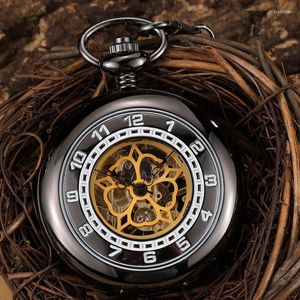 Pocket Watches 2023 Vintage Black Gold Mechanical Watch Hand Wind Roman Siffror Skeleton Fob Chain Men Male