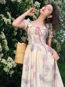 Women Print Elegant Square Collar Midi Dress Female Franch Puff Sleeve Patchwork Holiday Beach Dress Chiffon Vintage Prom Dress