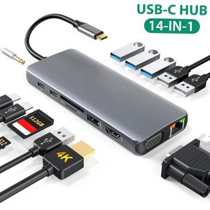 HUBS DODOCOOL 14IN1 USB C HUB 4K VGA LAN SD -kortportar USB 3.0 USB 2,0 3,5 mm Ljud för USB C Docking Station för Typec -bärbara datorer