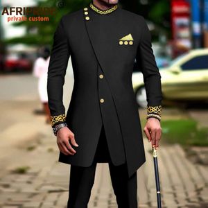 Herrspår afrikanska kostymer för män Slim Fit broderi blazer och byxor sätter affärsklänning kostym med Kerchief Party Wedding Evening A2316023 230529