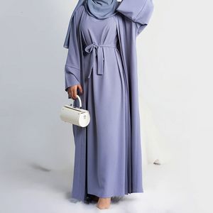 Etniska kläder 2 bit Abaya lång klänning för kvinnor Ramadan Eid Crepe Islamiska kläder Hijab Robe Dubai Turkish Party Kaftan Outfit Muslim Set 230529