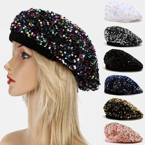 BERETS 2023女性ファッションの楽しいスパンコールシマーストレッチベレービーニーハットレディーススパンコールハンドステッチ輝く