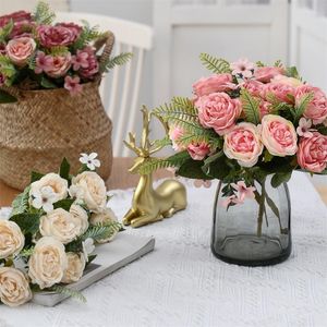 Flores Decorativas Artificiais 5 Cabeças Seda Rosa Peônia Simulação de Planta Falsa Flor de Flanela Festa em Casa Decoração de Casamento Buquê de Noiva