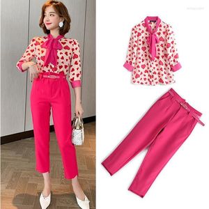 Women's Two Piece Pants With Belt Summer 2 Pieces Set Women's Floral Print Bows Collar Blouse Shirts Harem Pant Suit OL Ladies Party