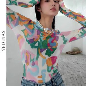 T-shirt Yedinas Japanese Style Y2k Aesthetic Mesh Tops See Through Translucent Long Sleeve T Shirts Women Tie Dye Art Print Streetwear