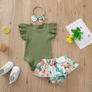 Conjuntos de roupas verão adorável infantil bebê meninas roupas babados manga macacão tops floral shorts headband cores