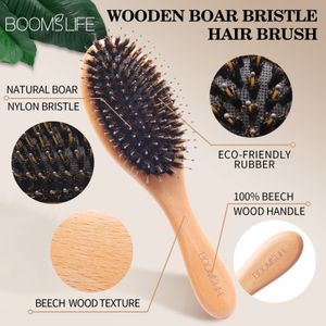 Hair Brushes Custom Wood HairBrush Comb Natural Boar Bristle Hair Brush Women Anti-Static Hair Comb for Wet and Dry Hair Barber Accessories 230529
