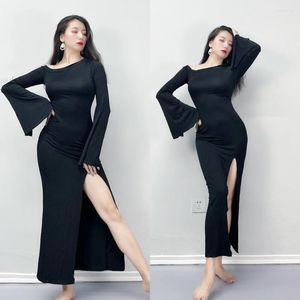 Scena noszona czarny taniec na brzuchu ubrania 2023 Retro Fusion Style All-Match Mała sukienka z długim rękawem łacińskim