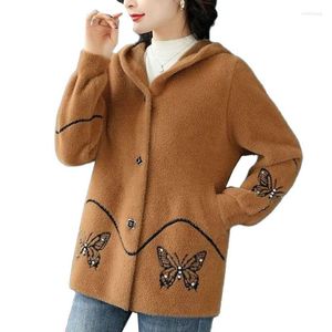 Kvinnors stickor 2023 Middle Aged Mother Imitation Mink Velvet Coat Women Autumn Winter Short Loose Hooded Sticked Cardigan tröja Jacka