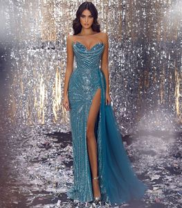 Sparkly Mermaid Evening Dresses Sleeveless V Neck Appliques Floor Length Lace Diamonds Beads Side Slit Zipper Plus Size Prom Dress Plus Size Gowns Party Dress
