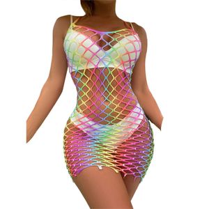 Womens Colorful Rainbow Bodycon Dress Bodysuit Hollow Out See-through Fishnet Nightwear Beachwear Summer Dress See-through