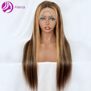 Lace Front Human Hair Wig Highlight 4/27 14-24inch Long Natural Straight Blonde Mix Brown 13x4 Lace Frontal Human Wigs for Black Women HD Wig