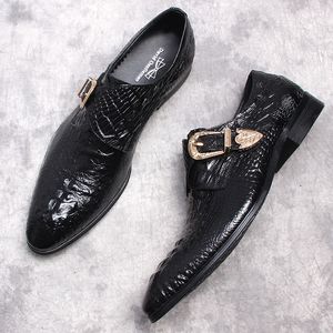 Crocodile Pattern Men Wedding Dress Shoes Pointed Toe Black Burgundy Loafers Genuine Leather Slip On Male Casual Oxford Shoes