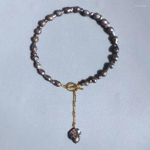 Collane con ciondolo Collana di perle d'acqua dolce barocche rosa nera di alta qualità Collana di gioielli da sposa per feste con colletto a catena in acciaio inossidabile artigianale