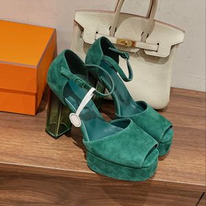 Designer new Women's high heels open toe thick heel summer sandals leather fashion large size classic Green black sexy formal wear elegant temperament office shoes