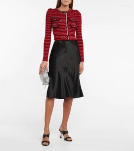 Work Dresses Elegant Red Wool-Blend Tweed Cropped Jacket Long Sleeve Bowtie Jewel Button Contrast Braid Crotchet Knit Cardigan/Mini Skirt