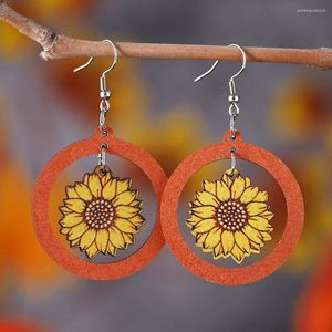 Stud Earrings Round Hollow Sunflower Flower Fashion 3D Butterfly Double Sided Printing Wooden Jewelry Gift With Girl