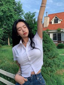 Women's Blouses White Women Blouse Basic Short Sleeve Crop Shirts Preppy Style Work Wear Sexy Office Look Summer Tops Korean Clothing